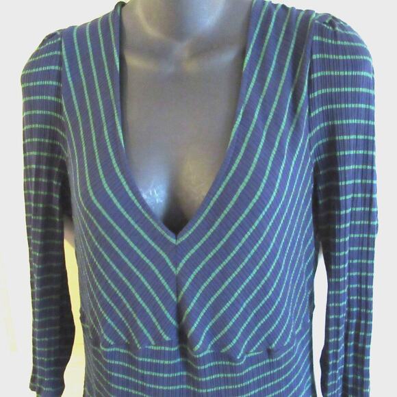 Anthropologie Maeve Flores Green Blue Ribbed Striped V neck Midi Dress Large - Picture 2 of 7